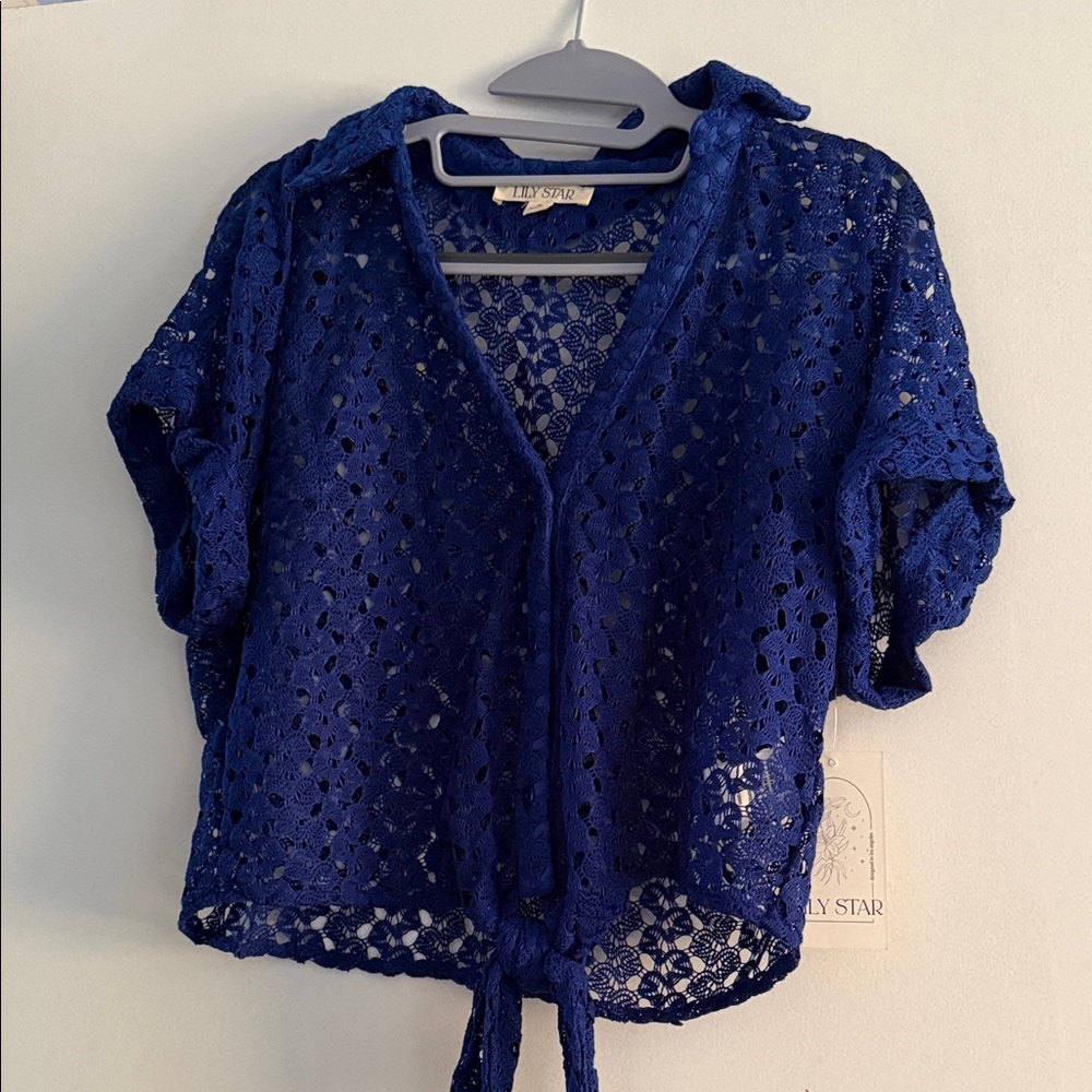 Lily Star Royal Blue Crochet Tie-Front Blouse